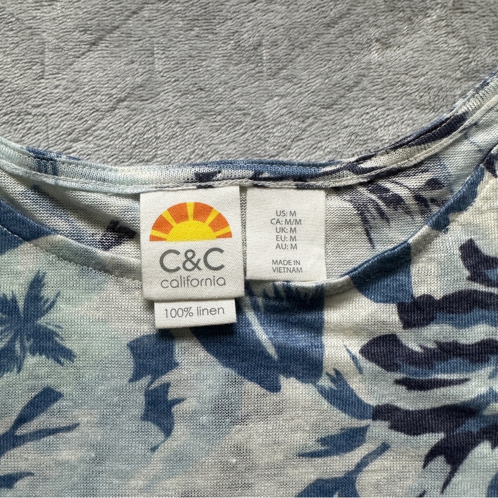 C&C California 100%‎ Linen Floral Top Blue/White Size M - Picture 4 of 6